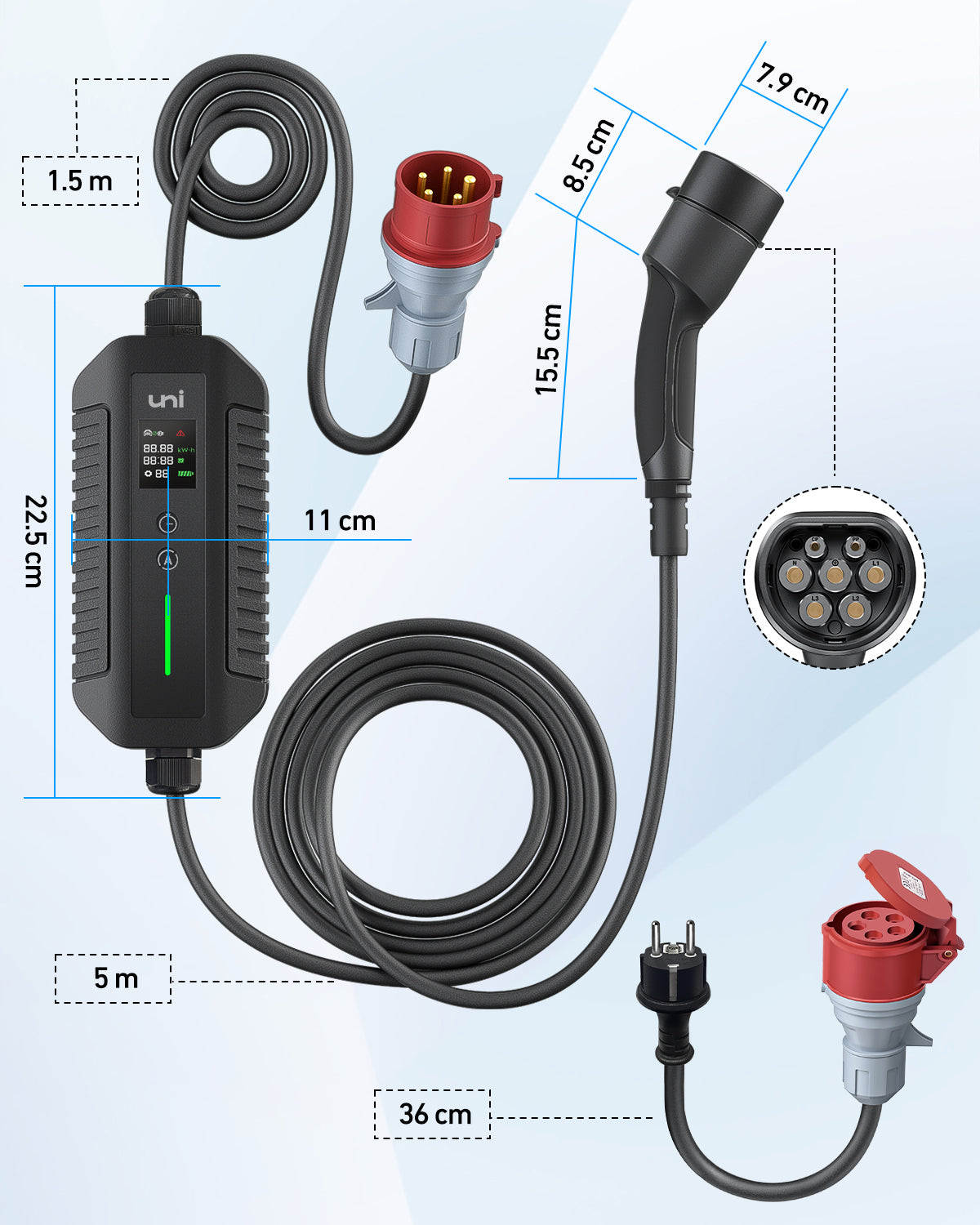 uni EV-Ladekabel vom Typ 2, 11 kW, 7 m, tragbare 3-Phasen-Ladestation für Elektroautos