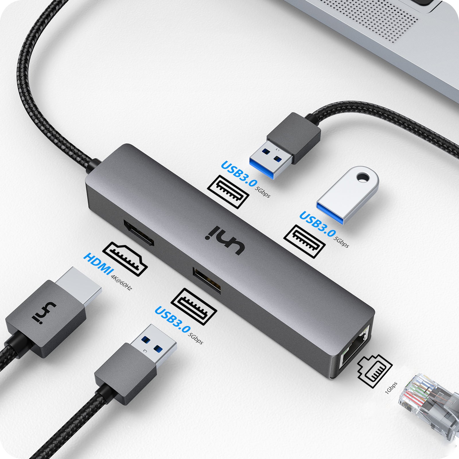 Adaptador USB C Hub 4K HDMI, Ethernet 1G y 3 adaptadores USB 3.0